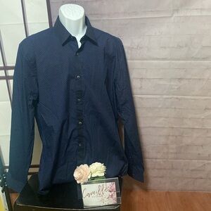 Express men blue dot long sleeve button down fitted shirt XL 17-17 1/2